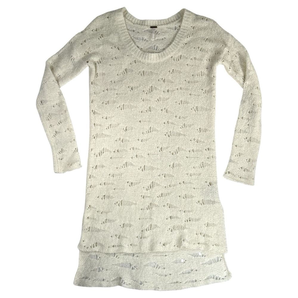 Free People Sweater Dress Tunic Womens Sz M Ivory Distressed Open Knit Bohemian